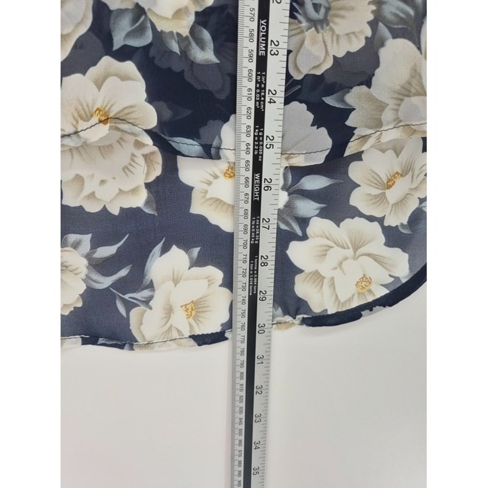Navy Ivory Floral Sheer Tunic Blouse M 3/4 Roll-Tab Sleeve High-Low Cottagecore - Picture 10 of 10